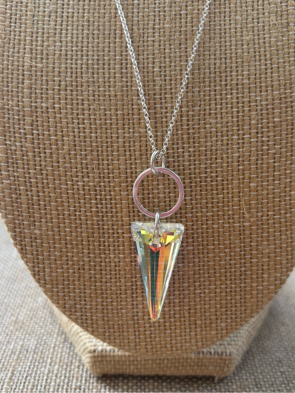 Sterling Silver AB Crystal Spike Pendant Necklace 18” Rolo Chain Iridescent
